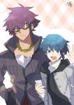  2boys blue_eyes casual chains gold_chain hand_in_pocket height_difference highres kanoya_rui male_focus mirokuji_yuuya multiple_boys nikame purple_hair re:creators short_hair smile sunglasses waving 