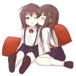  2girls backpack backpack_removed bag brown_eyes brown_hair cheek_kiss closed_eyes highres kiss kneehighs long_hair multiple_girls one_eye_closed open_mouth original randoseru school_uniform shirt shoes sitting skirt suspender_skirt suspenders waflove white_legwear white_shirt yuri 