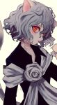  1girl androgynous animal_ears bow cat_ears cat_paws cat_tail curly_hair hunter_x_hunter lipstick looking_at_viewer makeup maruino neferpitou orange_eyes paws short_hair simple_background slit_pupils solo tail white_background 