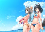  2girls :&lt; :3 :d animal_ears arukiru ass ball beachball bikini black_hair blue_bikini blue_eyes blue_sky bow breasts brown_hair cat_ears cat_tail cowboy_shot day hair_bow highres large_breasts long_hair looking_at_viewer medium_breasts multiple_girls navel open_mouth orange_bikini original outdoors outstretched_hand parted_lips ponytail sideboob sky smile standing strap_gap string_bikini swimsuit tail twintails under_boob wet wet_hair 
