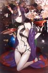  1girl alcohol blush breasts commentary_request cup eyebrows_visible_through_hair fate/grand_order fate_(series) food fruit full_body grapes horns japanese_clothes kimono kneeling looking_at_viewer navel oni oni_horns orange pale_skin purple_hair revealing_clothes sakazuki sake short_hair shuten_douji_(fate/grand_order) small_breasts smile solo untsue violet_eyes 