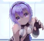  1girl :o assassin_(fate/prototype_fragments) bare_shoulders black_gloves blush breasts cleavage dark_skin fate/grand_order fate/prototype fate/prototype:_fragments_of_blue_and_silver fate_(series) fingerless_gloves gloves hair_between_eyes looking_at_viewer medium_breasts open_mouth p_answer purple_hair short_hair solo violet_eyes 