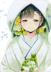  1girl absurdres asymmetrical_bangs bangs blush braid bride brown_eyes closed_mouth flower hair_flower hair_ornament highres holding japanese_clothes kimono looking_at_viewer natsume_eri original scan short_hair_with_long_locks smile solo upper_body white_background 