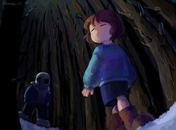  1boy brown_hair closed_eyes forest frisk_(undertale) hanada03 sans undertale 