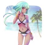  1girl armlet beach bikini blue_sky boat bracelet breasts cleavage emerald_sustrai green_hair iesupa jewelry navel palm_tree red_eyes rwby sky solo swimsuit tree water watercraft 