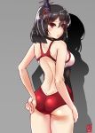  1girl adjusting_clothes adjusting_swimsuit ass black_hair competition_swimsuit grey_background hair_ornament headgear highres kantai_collection looking_back momiji_(103) one-piece_swimsuit red_eyes shadow short_hair solo swimsuit yamashiro_(kantai_collection) 