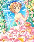  1girl aiba_yumi artist_request back bangs blonde_hair blue_sky blush brown_eyes clouds dress flower frills hair_flower hair_ornament head_wreath idolmaster idolmaster_cinderella_girls jewelry looking_at_viewer necklace official_art petals pink_dress rose short_hair sky sleeveless sleeveless_dress smile solo strapless strapless_dress sunlight tree wedding_dress wrist_cuffs 