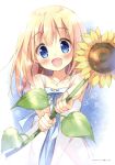  1girl :d absurdres blonde_hair blue_eyes blush collarbone dress eyebrows_visible_through_hair flower hair_between_eyes head_tilt highres holding jewelry long_hair looking_at_viewer necklace open_mouth original outstretched_arms pan_(mimi) scan smile solo sundress sunflower white_background white_dress 