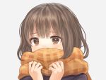  1girl bangs blush brown_eyes brown_hair covered_mouth enpera eyebrows eyebrows_visible_through_hair hands okakan original plaid plaid_scarf revision scarf scarf_over_mouth simple_background solo 