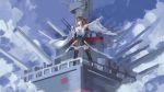  1girl absurdres ahoge battleship blush breasts brown_hair cleavage clenched_hand clouds detached_sleeves grin highres kantai_collection kongou_(kantai_collection) long_hair military military_vehicle nontraditional_miko outstretched_arm shenhaixun ship sketch skirt smile solo turret warship watercraft wide_sleeves 