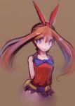  10s 1girl arms_behind_back bandanna blue_eyes brown_background brown_hair colored fanny_pack female hair_ribbon haruka_(pokemon) haruka_(pokemon)_(remake) long_hair pokemon pokemon_(game) pokemon_oras ribbon sho-n-d shorts sleeveless solo two_side_up upper_body 