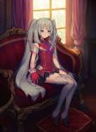 1girl bangs black_skirt blue_eyes boots closed_mouth couch curtains eyebrows_visible_through_hair fate/grand_order fate_(series) gloves grey_hair high_heel_boots high_heels hoshi_o_mite indoors legs_together long_hair long_legs marie_antoinette_(fate/grand_order) red_gloves sidelocks sitting skirt sleeveless smile solo thigh-highs thigh_boots twintails very_long_hair white_boots white_legwear window 