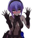  1girl assassin_(fate/prototype_fragments) bangs bare_shoulders belt black_gloves black_hairband blush breasts center_opening cleavage closed_mouth dark_skin elbow_gloves eyebrows_visible_through_hair fate/prototype fate/prototype:_fragments_of_blue_and_silver fate_(series) fingerless_gloves gloves hair_between_eyes hairband highres looking_at_viewer medium_breasts navel nose_blush purple_hair shimejinameko short_hair sidelocks simple_background smile solo spread_fingers stomach tsurime upper_body violet_eyes waist_cape white_background 
