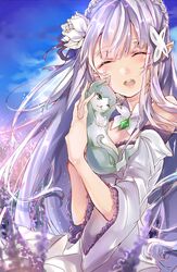  1girl bow breasts cat cleavage closed_eyes day detached_sleeves dress emilia_(re:zero) eyebrows_visible_through_hair floating_hair flower frilled_dress frills gem hair_bow hair_flower hair_ornament hair_ribbon highres long_hair medium_breasts open_mouth pointy_ears puck_(re:zero) purple_ribbon re:zero_kara_hajimeru_isekai_seikatsu ribbon silver_hair sky sleeveless sleeveless_dress smile takitou very_long_hair white_dress white_flower 