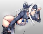  1girl bandaged_arm bent_over black_legwear blue_eyes breasts breath chains dated folded_ponytail gradient gradient_background hand_on_own_thigh headband kamoi_(kantai_collection) kantai_collection large_breasts long_hair parted_lips pelvic_curtain sideboob sidelocks silver_hair simple_background solo string_panties sweat tassel thigh-highs wrist_cuffs yaruku 