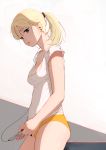  1girl bangs blee blonde_hair blouse breasts brown_eyes digital_media_player earphones from_side holding leaning_on_object long_hair looking_at_viewer loungewear medium_breasts mole mole_under_mouth original panties parted_lips ponytail shade solo thighs underwear white_blouse yellow_panties 