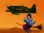  1boy 1girl aircraft airplane broom broom_riding character_request clouds commentary_request dusk fantasy flying imperial_japanese_army inui_(jt1116) j2m_raiden japan military military_vehicle pilot pilot_suit real_life roundel scarf witch world_war_ii 