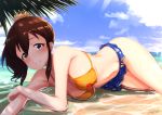  1girl bikini blue_eyes blush breasts brown_hair cleavage idolmaster idolmaster_million_live! long_hair looking_at_viewer lying medium_breasts on_side ponytail satake_minako shore smile solo swimsuit wattsu 