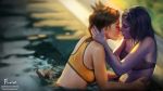  2girls artist_name bare_arms bare_shoulders bathing bikini_top blurry blurry_background breasts brown_hair closed_eyes closed_mouth day firolian from_side half-closed_eyes hand_on_another&#039;s_head highres incipient_kiss leaning_forward lips long_hair medium_breasts multiple_girls open_mouth outdoors overwatch partially_submerged pool profile purple_hair purple_lips purple_skin short_hair smile strapless strapless_bikini sunlight tracer_(overwatch) upper_body waist_grab water watermark web_address wet wet_hair widowmaker_(overwatch) yuri 