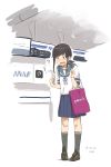  1girl ? airport all_nippon_airways artist_name bag bangs black_hair blush dated eyebrows_visible_through_hair fubuki_(kantai_collection) full_body grey_eyes holding_bag indoors kantai_collection kawashina_(momen_silicon) long_hair nose_blush open_mouth peach_(airline) pleated_skirt ponytail receipt school_uniform serafuku shoes shopping_bag short_sleeves sidelocks sketch skirt sneakers socks solo surprised sweatdrop 