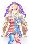  1girl ahoge american_flag_dress american_flag_legwear bandaid bandaid_on_face blonde_hair blush cheunes clownpiece crying crying_with_eyes_open dress fairy_wings hair_between_eyes hat highres jester_cap long_hair looking_at_viewer neck_ruff polka_dot_hat purple_hat short_sleeves sidelocks simple_background sitting solo star star_print striped striped_dress tears touhou very_long_hair violet_eyes wavy_hair white_background wings 