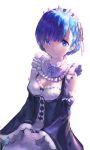  1girl blue_eyes blue_hair breasts cleavage copyright_name detached_sleeves grey_ribbon hair_ribbon haori_iori head_wreath looking_at_viewer maid neck_ribbon pink_ribbon re:zero_kara_hajimeru_isekai_seikatsu rem_(re:zero) ribbon ribbon-trimmed_dress short_hair signature simple_background small_breasts smile solo standing white_background 