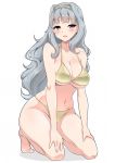  1girl bangs bare_legs bikini blunt_bangs blush breasts cleavage erect_nipples full_body hairband hands_on_thighs highres idolmaster kneeling kyokutou_hentai_samurai large_breasts long_hair looking_at_viewer navel open_mouth shijou_takane silver_hair simple_background solo swimsuit violet_eyes white_background yellow_bikini 