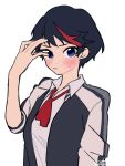  1girl alternate_hair_length alternate_hairstyle black_hair blue_eyes blush commentary_request hand_to_forehead highres kill_la_kill looking_at_viewer matoi_ryuuko mittsun multicolored_hair redhead short_hair simple_background solo streaked_hair sweatdrop two-tone_hair 
