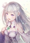  1girl :d breasts choker cleavage collarbone detached_sleeves emilia_(re:zero) floating_hair flower gem hair_flower hair_ornament long_hair medium_breasts open_mouth pointy_ears re:zero_kara_hajimeru_isekai_seikatsu silver_hair simple_background smile solo standing upper_body very_long_hair violet_eyes white_background white_flower yellowpaint. 