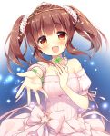  1girl :d bangs bare_shoulders bow bracelet brown_hair clover detached_sleeves dress eyebrows_visible_through_hair flower foreshortening four-leaf_clover hair_flower hair_ornament hand_on_own_chest holding idolmaster idolmaster_cinderella_girls jewelry lace large_bow looking_at_viewer medium_hair necklace ogata_chieri open_mouth outstretched_arm pearl pearl_necklace pink_bow pink_dress ribbed_dress ribbon-trimmed_sleeves ribbon_trim sky smile solo sparkle star_(sky) starry_sky strapless strapless_dress suimya tareme tiara twintails upper_body yellow_eyes 