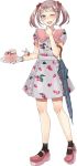  1girl cake crown dress drew_(drew213g) food food_print hair_bobbles hair_ornament jewelry kantai_collection necklace official_art open_mouth pink_eyes pink_hair rabbit sazanami_(kantai_collection) shoes short_hair smile strawberry_print twintails umbrella 