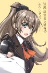  1girl ascot blazer blue_eyes brown_hair foreshortening hair_ornament jacket kantai_collection kumano_(kantai_collection) long_hair looking_at_viewer mikagami_sou open_mouth orange_ascot paper ponytail school_uniform simple_background solo translated upper_body yellow_background 