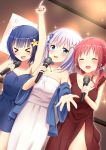  &gt;_&lt; 3girls alternate_costume bangs bare_shoulders blue_dress blue_eyes blue_hair blush breasts chimame-tai cleavage closed_eyes collarbone commentary_request cowboy_shot dress dutch_angle eyebrows_visible_through_hair fang flower gochuumon_wa_usagi_desu_ka? hair_flower hair_ornament hair_scrunchie hairclip hand_up holding holding_microphone index_finger_raised indoors jewelry jouga_maya kafuu_chino long_hair looking_at_viewer microphone multiple_girls natsu_megumi necklace open_mouth outstretched_hand piripun red_dress redhead scrunchie short_hair side_slit sidelocks sleeveless sleeveless_dress small_breasts smile sparkle standing strapless strapless_dress twintails wall white_dress x_hair_ornament 