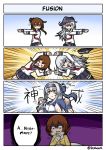  &gt;:&lt; &gt;:) &gt;:o &gt;_&lt; 4girls 4koma :o alternate_costume blue_eyes brown_eyes brown_hair closed_eyes closed_mouth comic commentary dragon_ball dragonball_z english fang flat_cap folded_ponytail fusion fusion_dance grey_eyes hat headband hibiki_(kantai_collection) highres ikazuchi_(kantai_collection) inazuma_(kantai_collection) kamoi_(kantai_collection) kantai_collection long_hair multiple_girls neckerchief nightmare pajamas parody pleated_skirt raythalosm school_uniform serafuku short_hair silver_hair skirt sweat thigh-highs twitter_username 