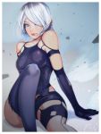  1girl 2017 android arm_support armlet arms_at_sides bangs bare_shoulders black_gloves black_legwear black_shorts blue_eyes breasts breasts_apart collarbone cowboy_shot d dated elbow_gloves eyeliner gloves hair_over_one_eye highres knee_up lips makeup medium_breasts mole mole_under_mouth msppice nier_(series) nier_automata nose parted_lips patterned_clothing pink_lips robot_joints short_hair short_shorts shorts signature silver_hair single_thigh_boot sleeveless small_breasts solo sword tank_top thighs weapon white_hair yorha_type_a_no._2 