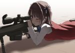  1girl anti-materiel_rifle bangs barrett_m82 bipod blush brown_hair copyright_request eyebrows_visible_through_hair gochou_(atemonai_heya) gun long_sleeves one_eye_closed red_eyes rifle school_uniform shadow side_ponytail sidelocks sniper_rifle solo sweatdrop sweater_vest weapon 