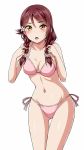  1girl :o alternate_hairstyle bikini blush braid breasts cleavage commentary_request embarrassed flower gluteal_fold hair_flower hair_ornament holding holding_hair long_hair looking_at_viewer love_live! love_live!_sunshine!! medium_breasts midriff navel open_mouth pink_bikini redhead sakurauchi_riko side-tie_bikini simple_background solo swimsuit twin_braids white_background yellow_eyes yopparai_oni 