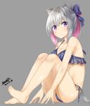  1girl animal_ears blush bow breasts cat_ears cat_tail cleavage dated eyebrows_visible_through_hair full_body grey_hair hair_bow hair_ribbon kavka long_hair looking_at_viewer medium_breasts multicolored_hair original pink_hair ponytail purple_bow sitting solo swimsuit tail violet_eyes 