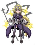  1girl armor armored_dress black_gloves blonde_hair blush braid capelet chains fate/apocrypha fate/grand_order fate_(series) faulds flag gauntlets gloves headpiece jamir ruler_(fate/apocrypha) single_braid solo thigh-highs 