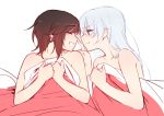  2girls bare_shoulders bed bed_sheet black_hair blue_eyes blush closed_eyes finger_to_nose long_hair looking_at_another multiple_girls naked_sheet ndgd_(bean1215) ruby_rose rwby scar short_hair simple_background smile teeth weiss_schnee white_background white_hair yuri 