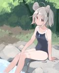  1girl akagashi_hagane animal_ears day green_hair hair_between_eyes jewelry mouse mouse_ears mouse_tail nazrin one-piece_swimsuit outdoors pendant red_eyes school_swimsuit short_hair sitting soaking_feet solo swimsuit tail tan tanline touhou 