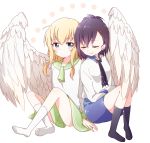  2girls ahoge angel_wings animal_band arm_support bafarin black_legwear blonde_hair blue_eyes blush commentary_request feathered_wings gabriel_dropout green_skirt highres multiple_girls necktie no_shoes purple_hair sailor_collar side-by-side skirt sleeping sleeping_on_person smile tenma_gabriel_white tsukinose_vignette_april white_legwear white_wings wings yuri 