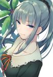  1girl bangs bbbannooo blush breasts closed_mouth eyebrows_visible_through_hair flowers_(innocent_grey) green_eyes grey_hair innocent_grey long_hair looking_at_viewer medium_breasts ponytail school_uniform sidelocks smile solo upper_body yatsushiro_yuzuriha 