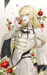  1boy absurdres androgynous apple blonde_hair blue_eyes bon_(bony_53) food fruit highres holding holding_food holding_fruit long_hair long_sleeves looking_at_viewer lucas_proust male_focus open_mouth shirt shuuen_no_virche solo very_long_hair white_background white_shirt 