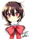  1girl bangs blush bow bowtie brown_hair closed_mouth commentary_request eyebrows_visible_through_hair face hair_between_eyes houjuu_nue looking_at_viewer portrait red_bow red_bowtie red_eyes short_hair signature simple_background solo tirotata touhou white_background 