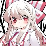  1girl commentary_request dress_shirt fujiwara_no_mokou hair_ribbon hammer_(sunset_beach) looking_at_viewer red_eyes ribbon shirt solo suspenders touhou upper_body white_hair 