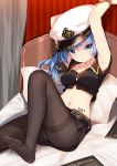  1girl arms_up bison_cangshu black_legwear blue_eyes blue_hair blush bondage bound bound_wrists breasts character_request copyright_request hat long_hair looking_at_viewer lying medium_breasts military_hat navel on_back pantyhose peaked_cap solo tattoo 