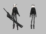  1girl armor armored_boots black_legwear black_skirt boots capelet closed_mouth full_body green_eyes grey_background grey_hair headgear holster jacket long_hair long_sleeves miniskirt multiple_views original pantyhose pleated_skirt science_fiction sheath sheathed simple_background sketch skinny skirt sword thigh_holster weapon yucca-612 