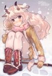  1girl animal_ears artist_name bangs blunt_bangs blush boots brown_boots brown_eyes brown_footwear brown_gloves brown_jacket brown_skirt closed_mouth copyright_name dot_nose eyebrows_visible_through_hair footprints full_body fur-trimmed_sleeves fur_collar fur_trim gloves hanako151 hand_up holding holding_weapon horizontal_pupils horns jacket kemono_friends knees_up legs_together long_hair looking_at_viewer nose_blush open_hand outdoors pantyhose pink_ribbon pleated_skirt purple_sky ribbon sheep_ears sheep_horns shoe_ribbon signature sitting skirt sky smile snow snow_sheep_(kemono_friends) snowing solo tareme waving wavy_hair weapon white_hair white_legwear 