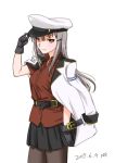  1girl artist_request black_gloves blush breasts gangut_(kantai_collection) gloves grey_hair hat jacket kantai_collection long_hair long_sleeves looking_at_viewer military military_hat military_jacket military_uniform pantyhose red_eyes red_skirt remodel_(kantai_collection) scar scar_on_cheek skirt solo uniform 